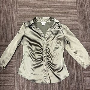 Vertigo Paris Vintage Fitted Button Down Olive Green Satin Silver Buttons